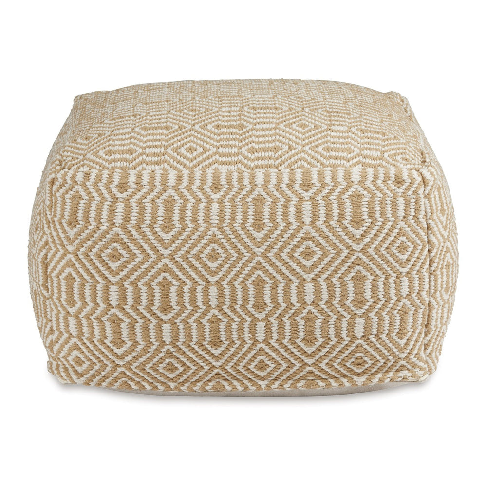 Sena 22 Inch Ottoman Pouf Handwoven Pattern Cotton Cover Beige White By Casagear Home BM318613