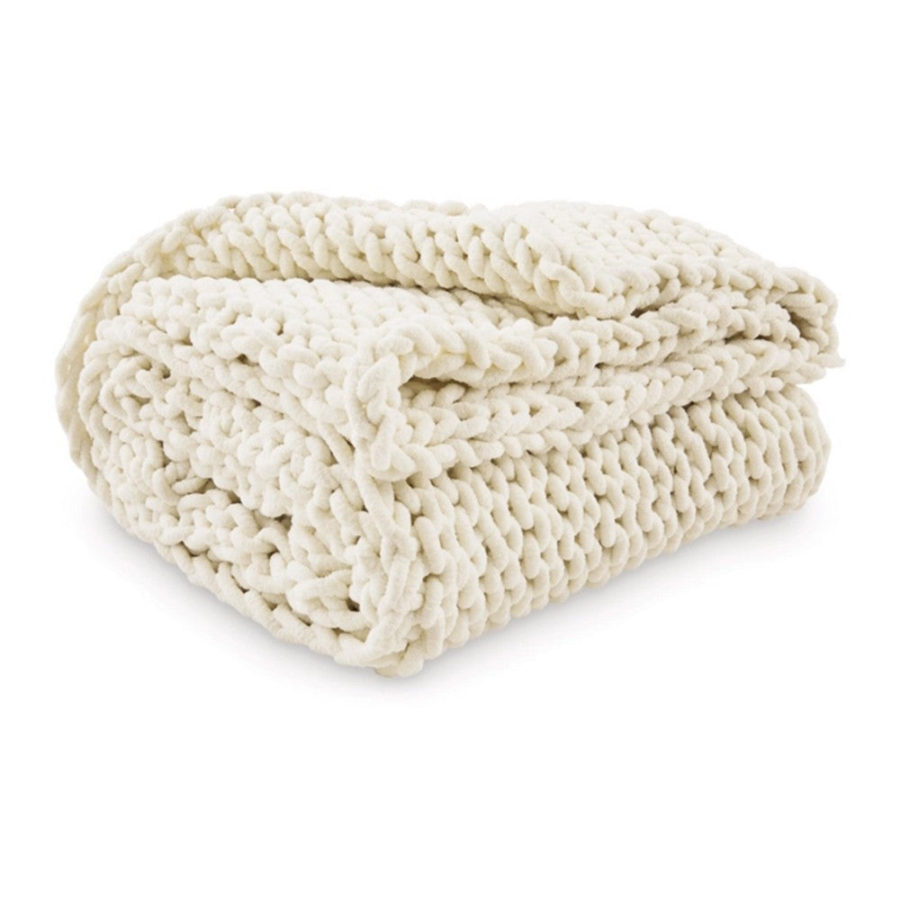 Deme Throw Blanket Set of 3 | Chunky Chenille | Ivory Hand Knit