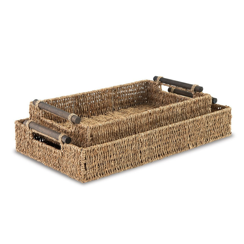 Lima Decorative Nesting Tray Set of 2 Cutout Handles Brown Seagrass Woven By Casagear Home BM318628