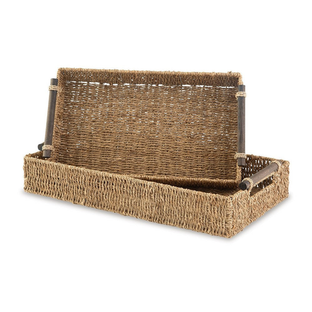 Lima Decorative Nesting Tray Set of 2 Cutout Handles Brown Seagrass Woven By Casagear Home BM318628