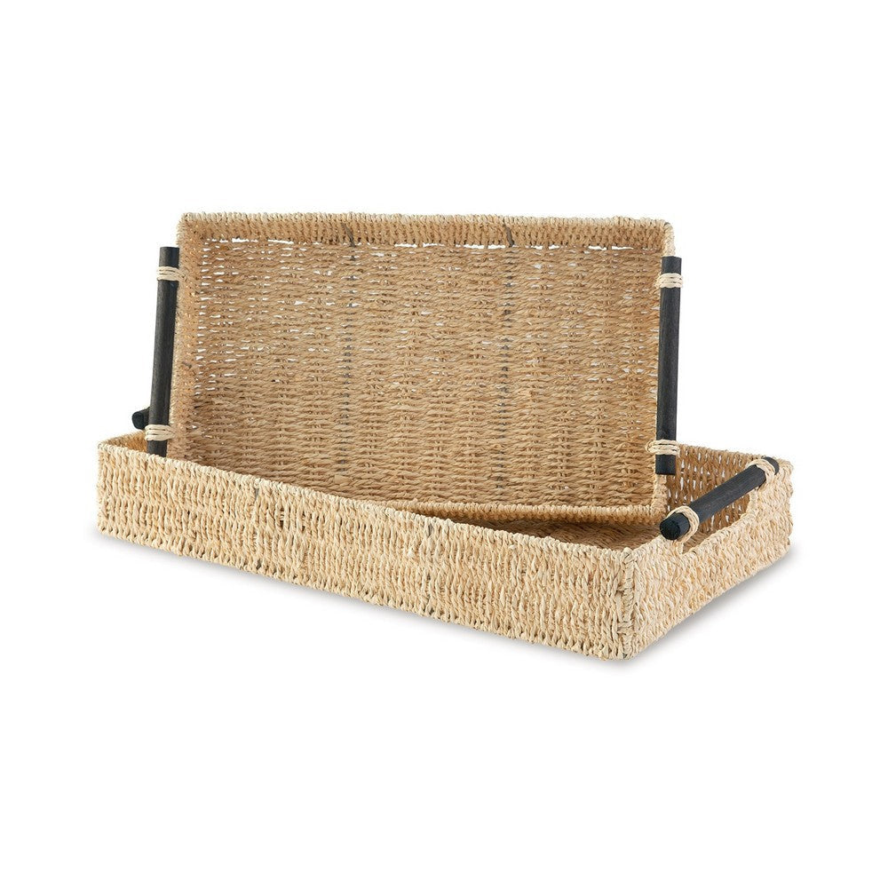 Lima Decorative Nesting Tray Set of 2 Handles Brown Palm Leaf Woven By Casagear Home BM318629