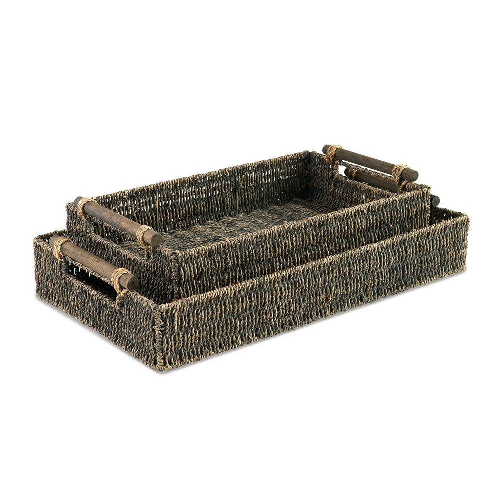 Lima Decorative Nesting Tray Set of 2 Cutout Handles Gray Seagrass Woven By Casagear Home BM318630