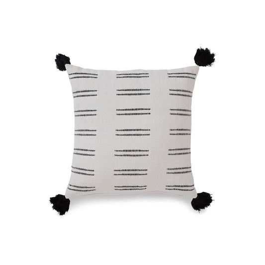 Throw Pillow Set of 4, 20 Inch, Cotton Striped Design, Black Tassels, White By Casagear Home