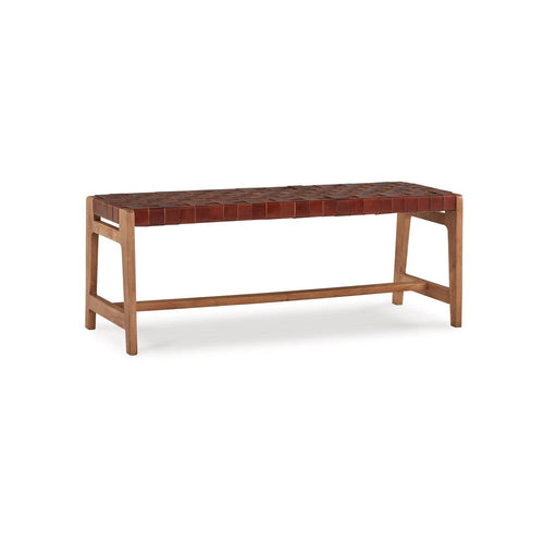 Ashley Accent Bench, 48", Basket Weave Brown Faux Leather, Wood