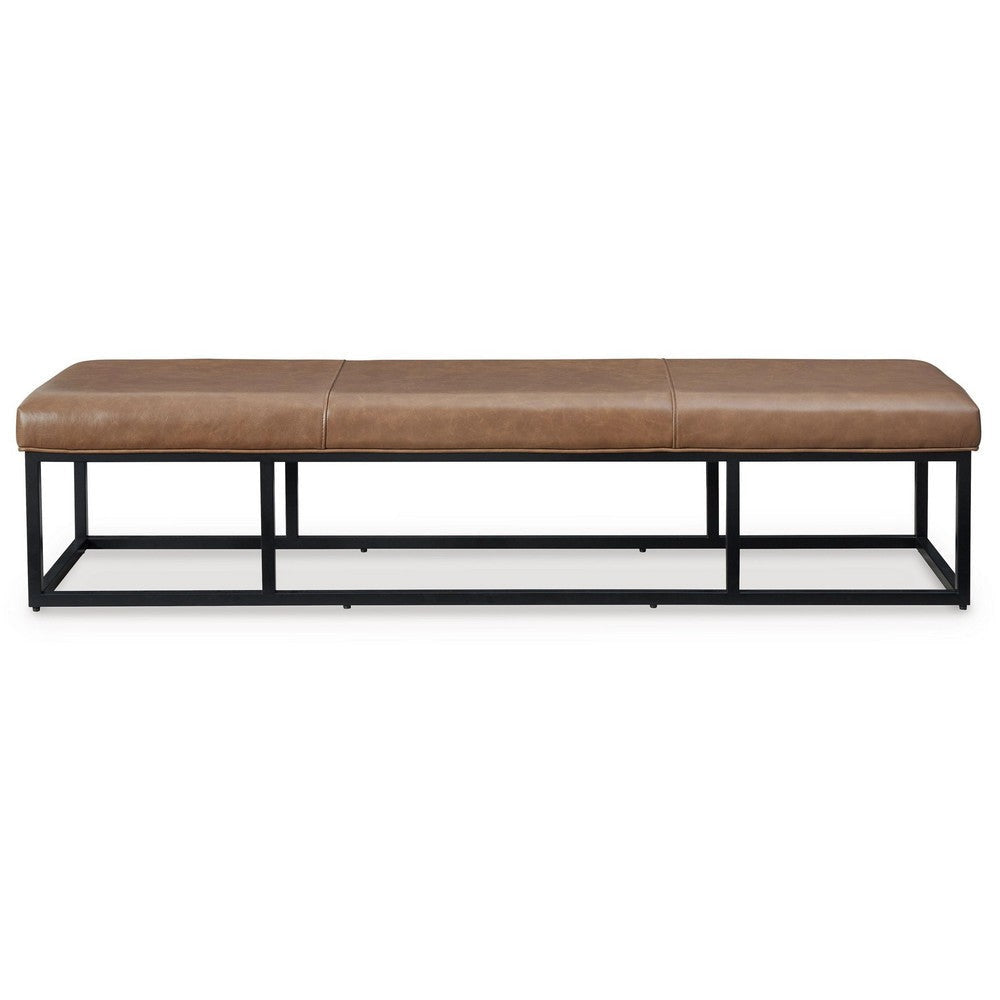 Accent Bench 71 Inch Black Metal Brown Genuine Leather Cushioned Seat By Casagear Home BM318657