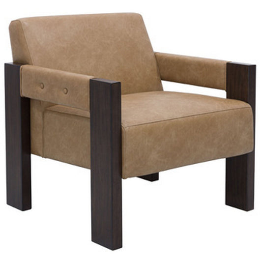 Live Accent Chair, Cushioned Seat, Brown Faux Leather, Espresso Brown Wood By Casagear Home