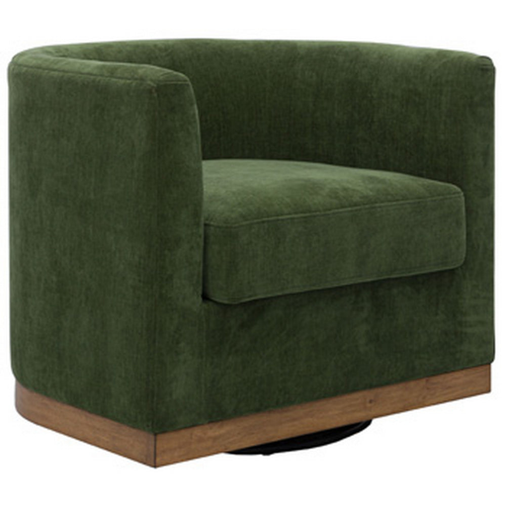 Swivel Accent Chair, Green Cushioned Fabric, Barrel Style, Brown Wood Base By Casagear Home