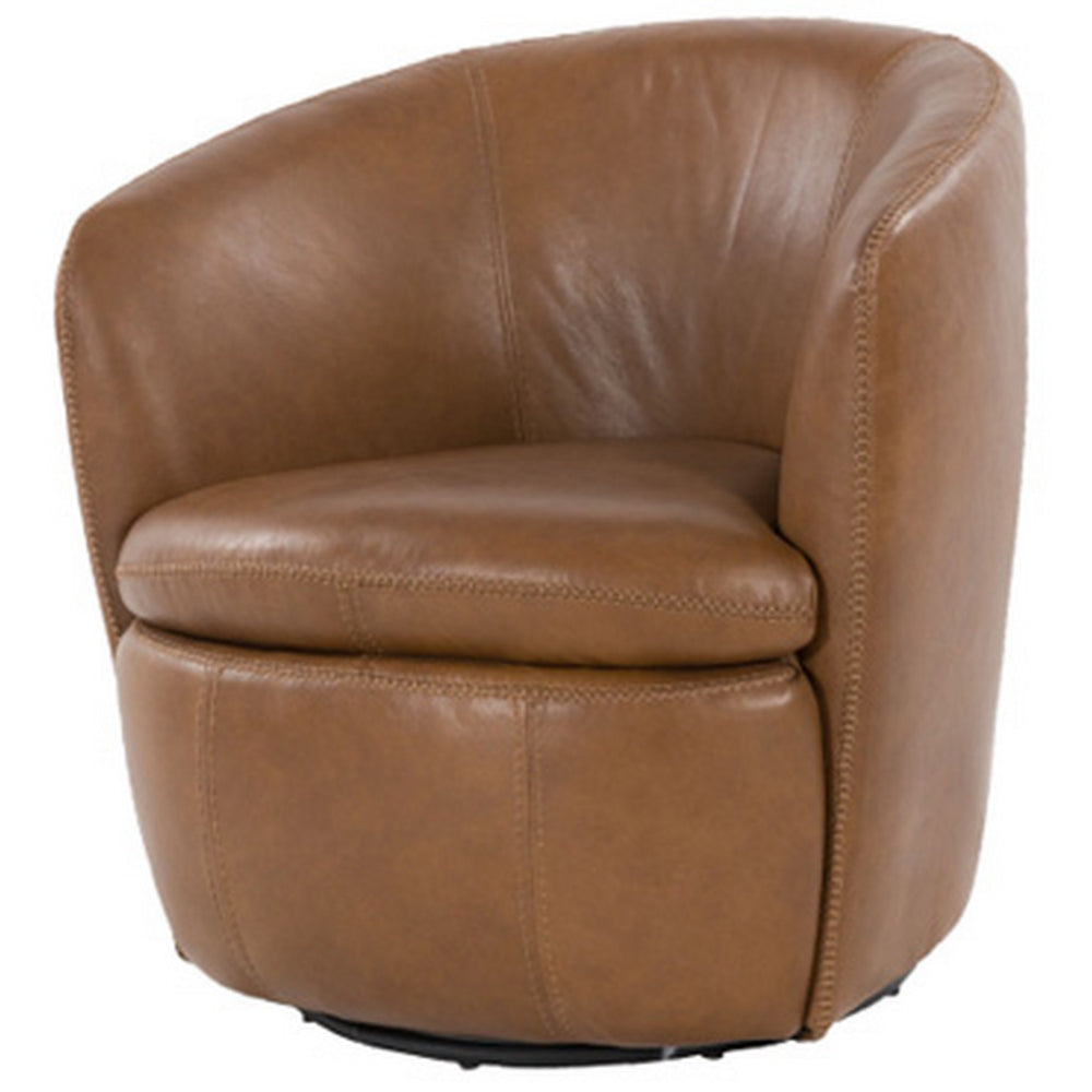 Niko Swivel Accent Chair, Round Barrel Design, Brown Top Grain Leather By Casagear Home