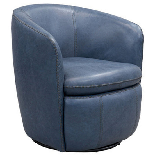 Niko Swivel Accent Chair, Round Barrel Design, Blue Top Grain Leather By Casagear Home
