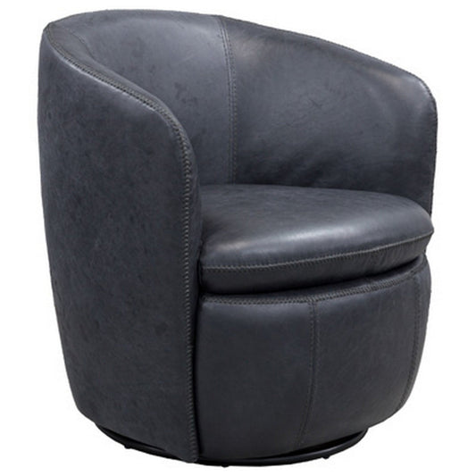 Niko Swivel Accent Chair, Round Barrel Design, Dark Blue Top Grain Leather By Casagear Home