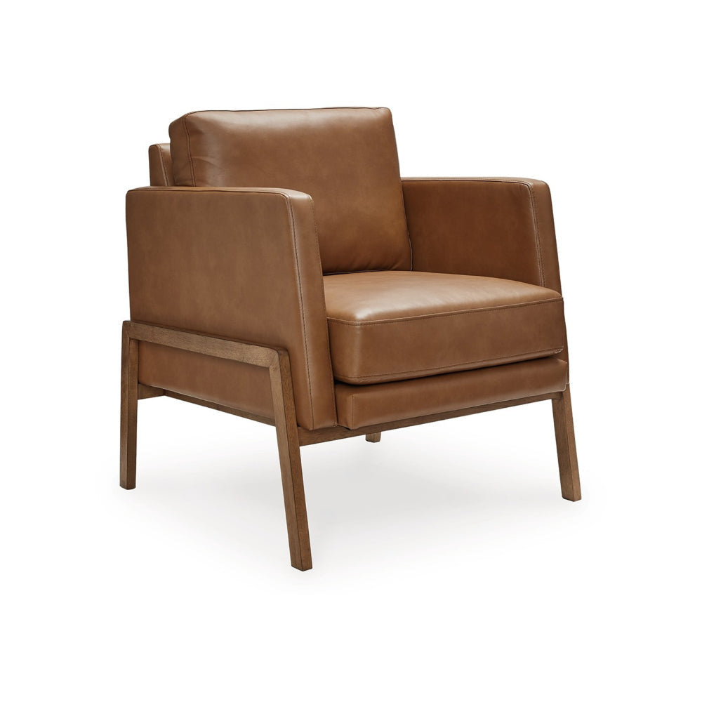 Ashley Accent Chair, Cushioned Caramel Brown Faux Leather, Wood