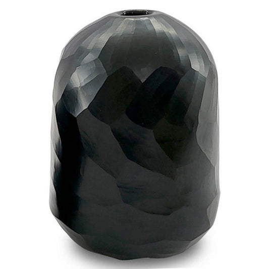 Ashley Fory Flower Vase, Modern Oval Shape, Hand Carved Black Glass