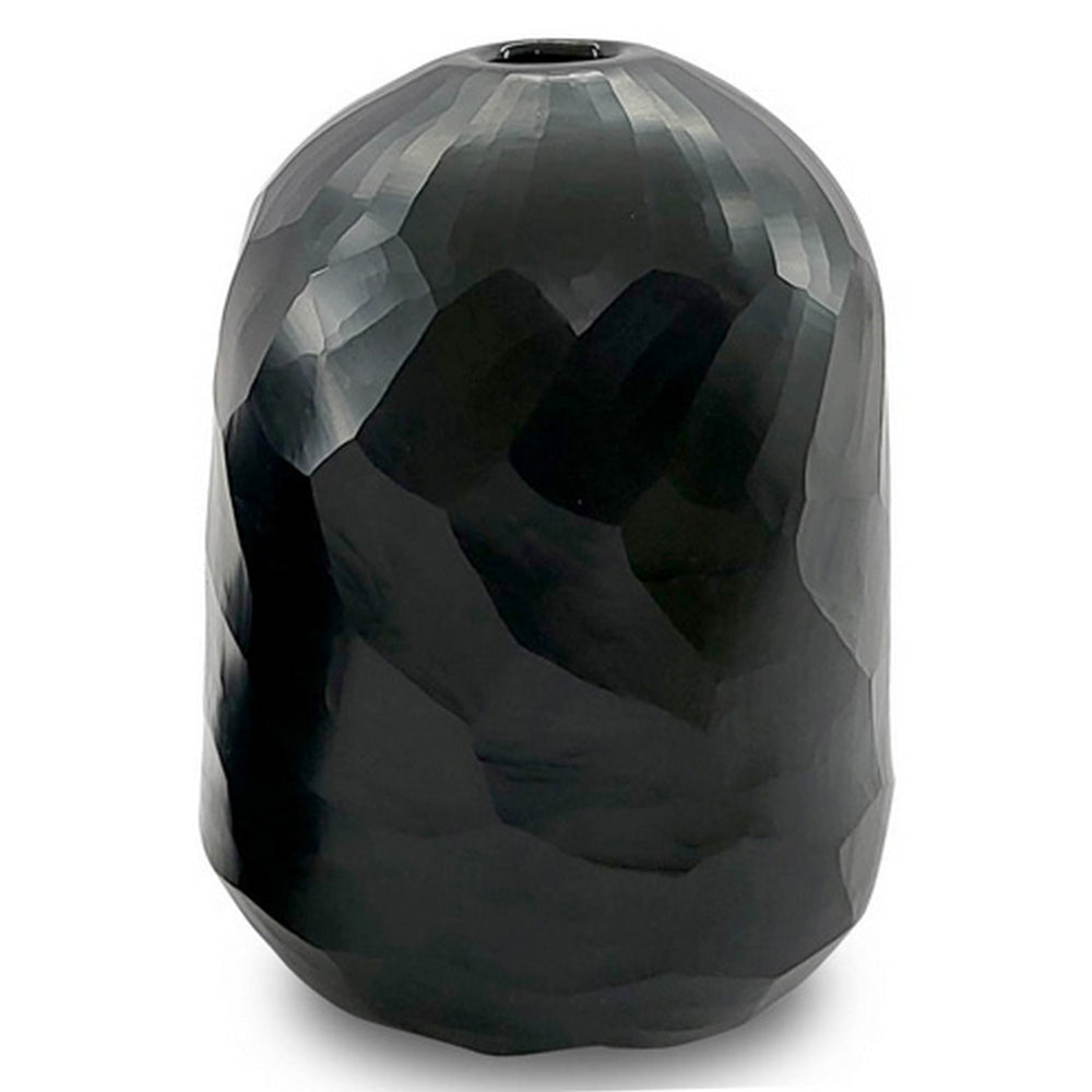 Ashley Fory Flower Vase, Modern Oval Shape, Hand Carved Black Glass