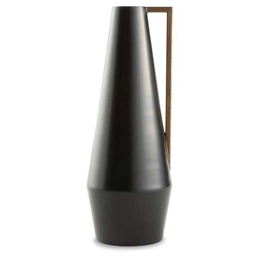 Ezra 20 Inch Decorative Flower Vase, Angular Gold Handle, Black Metal By Casagear Home