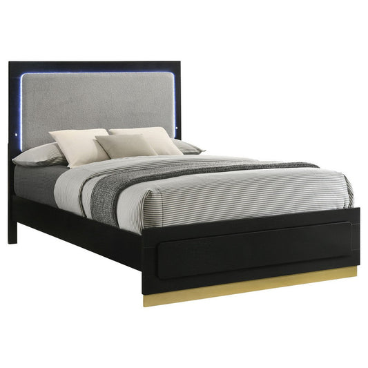 Caer King Size Bed, LED Panel Tall Headboard, Gray Upholstery, Black Okume By Casagear Home