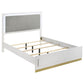 Caer Queen Size Bed, LED Panel Tall Headboard, Gray Upholstery, White Okume By Casagear Home