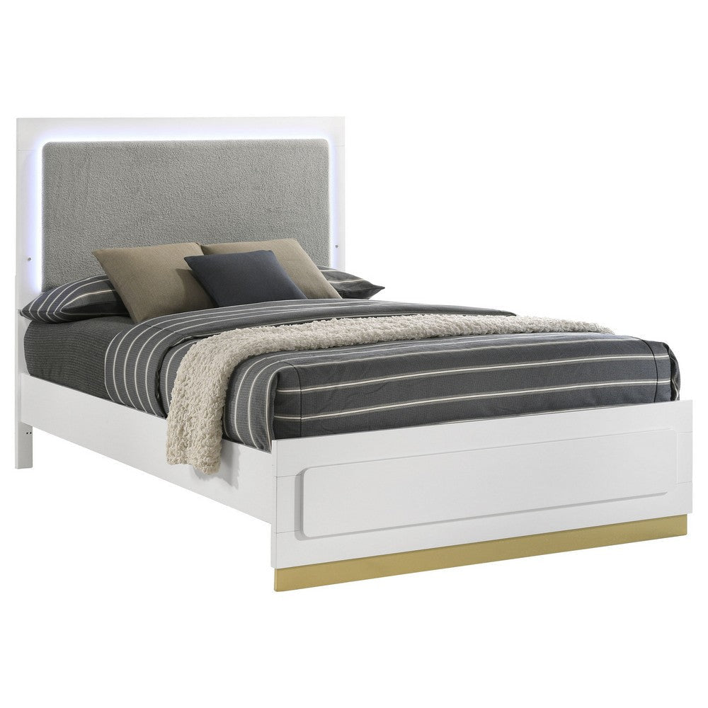 Caer King Size Bed, LED Panel Tall Headboard, Gray Upholstery, White Okume By Casagear Home