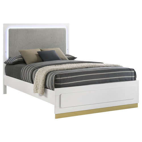 Caer California King Size Bed, LED Panel Headboard, Gray Upholstery, White By Casagear Home