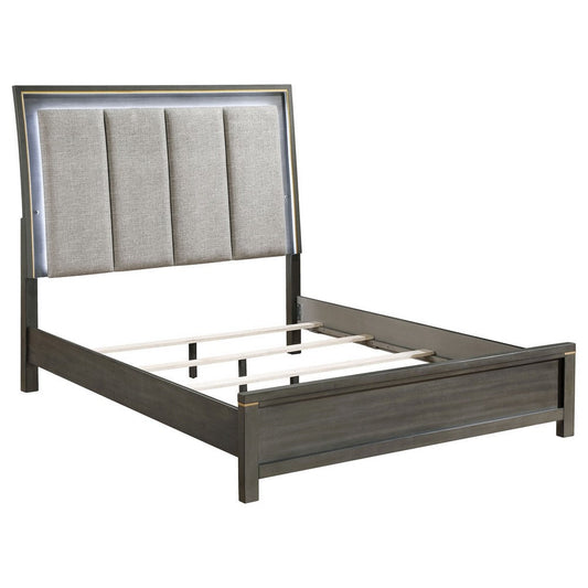 Ren California King Size Bed, LED Panel Headboard, Tufted Gray Upholstery By Casagear Home