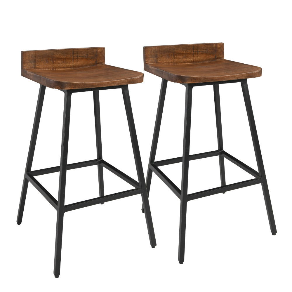 Counter Stool Chair Set of 2, Low Back, Black Iron Base, Brown Mango Wood By Casagear Home