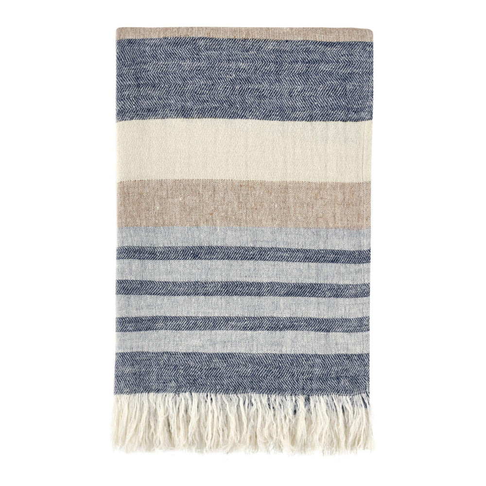 Diu Throw Blanket in Premium Belgian Flax Linen, Blue Brown Ivory Stripes By Casagear Home