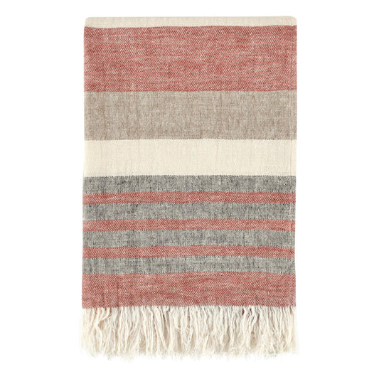Diu Throw Blanket, Belgian Flax Linen, Red Brown Ivory Striped Design By Casagear Home