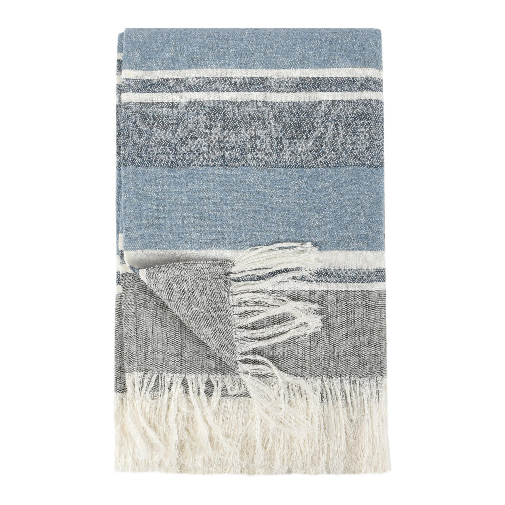 Striped Throw Blanket | Belgian Flax Linen | Blue White Woven
