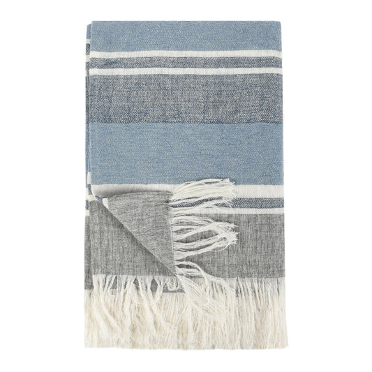 Throw Blanket, Belgian Flax Linen, Woven Stripes, Linen Blue and White By Casagear Home
