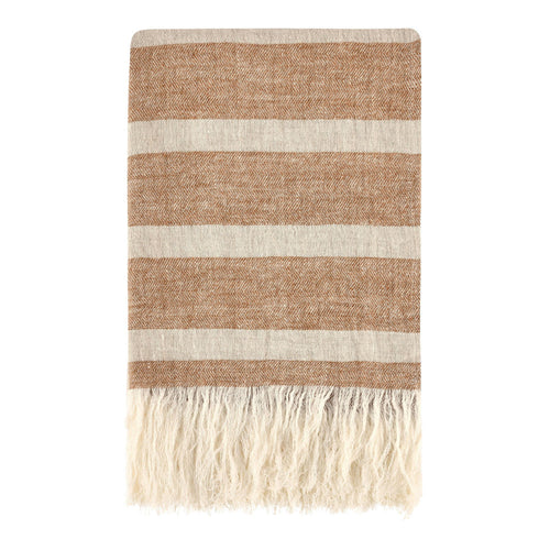Tano Throw Blanket | Belgian Flax Linen | Ivory Brown Stripe | Fringe