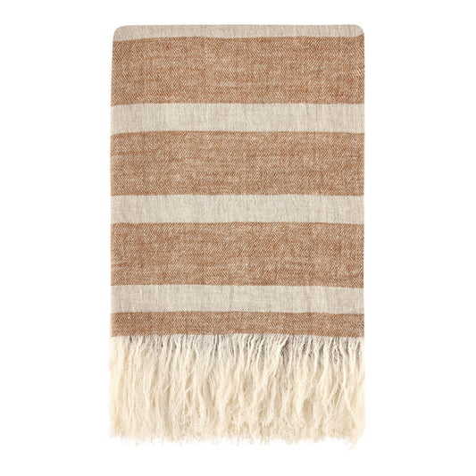 Tano Throw Blanket | Belgian Flax Linen | Ivory Brown Stripe | Fringe