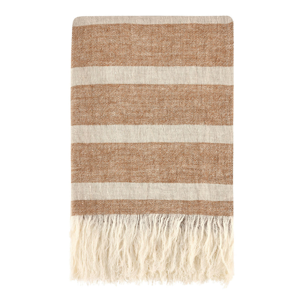 Tano Throw Blanket | Belgian Flax Linen | Ivory Brown Stripe | Fringe