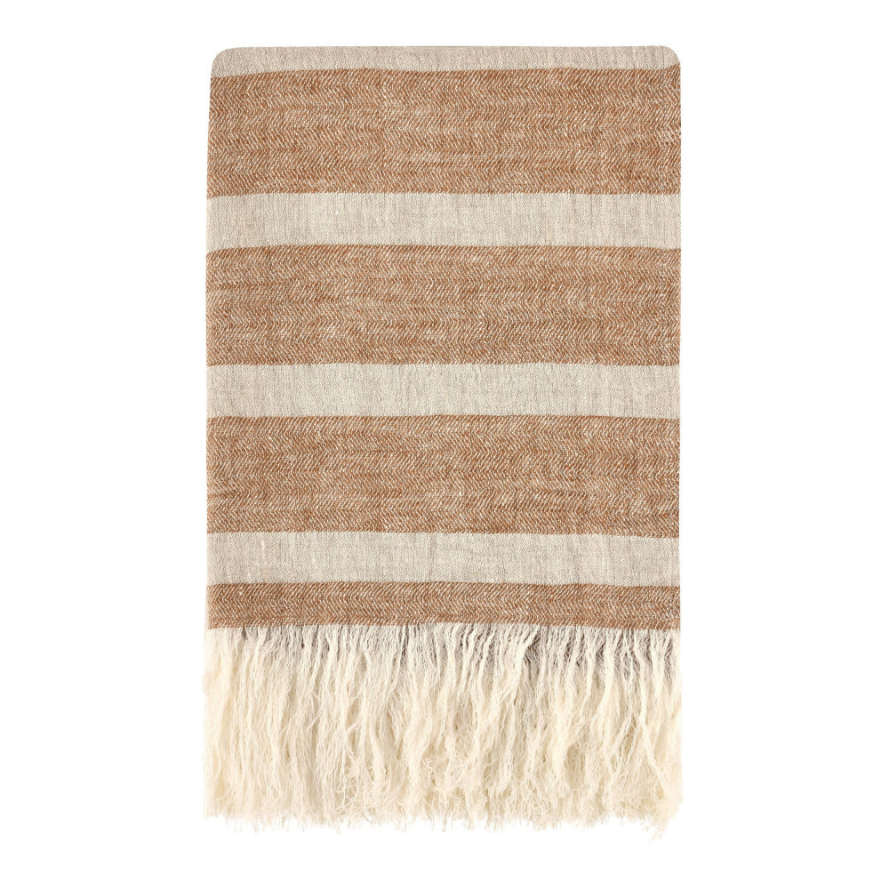 Tano Throw Blanket, Knotted Fringe, Striped Ivory Brown Belgian Flax Linen By Casagear Home