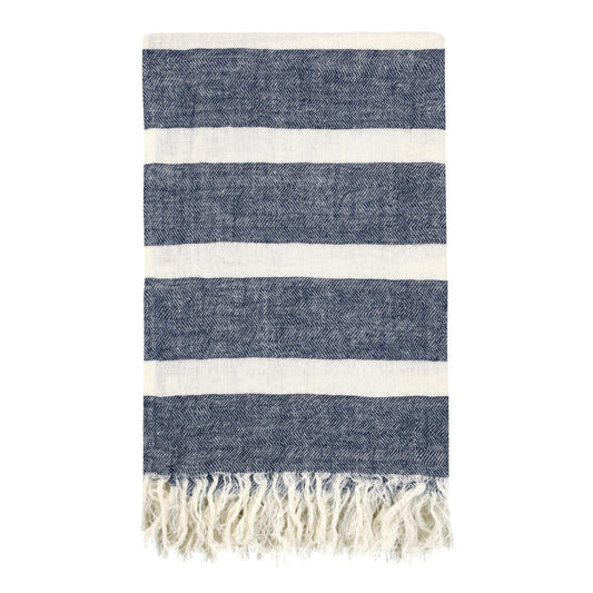 Tano Throw Blanket | Belgian Flax Linen | Ivory Blue Stripe | Fringe