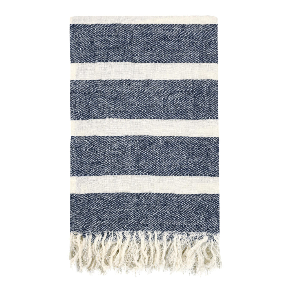 Tano Throw Blanket | Belgian Flax Linen | Ivory Blue Stripe | Fringe
