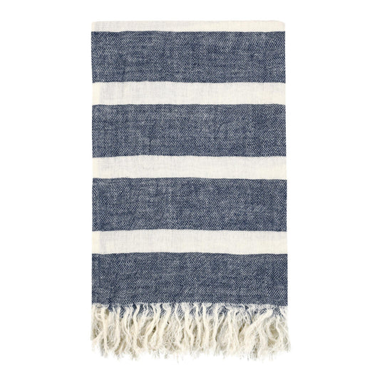 Tano Throw Blanket, Knotted Fringe, Striped Ivory Blue Belgian Flax Linen By Casagear Home