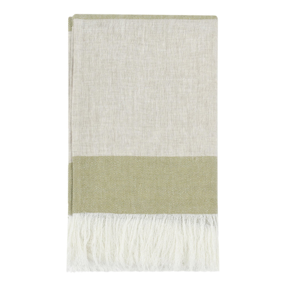 Striped Throw Blanket | Green Ivory | Fringe | Belgian Flax Linen