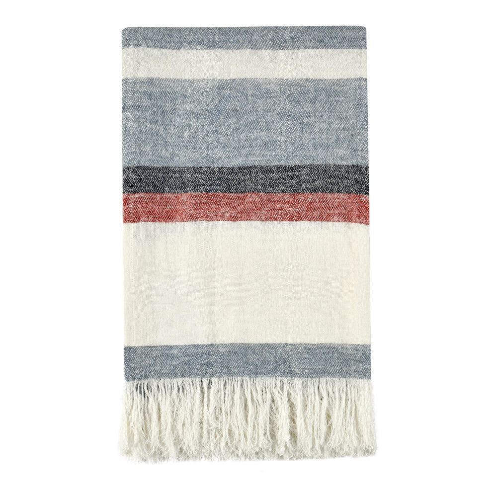 Striped Throw Blanket | Blue Red Ivory | Fringe | Belgian Flax Linen