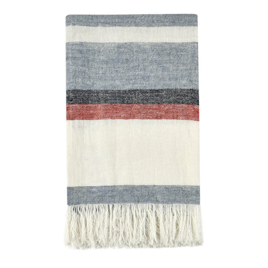 Throw Blanket, Fringe, Striped Blue Red Ivory Design, Belgian Flax Linen By Casagear Home