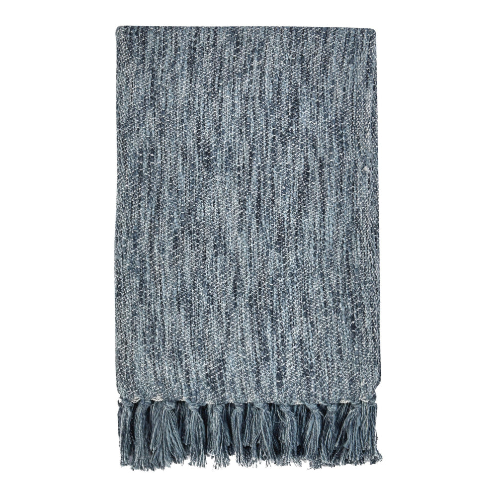 Avu Throw Blanket, Hand Woven Dimensional Texture, Fringed Cotton, Blue By Casagear Home