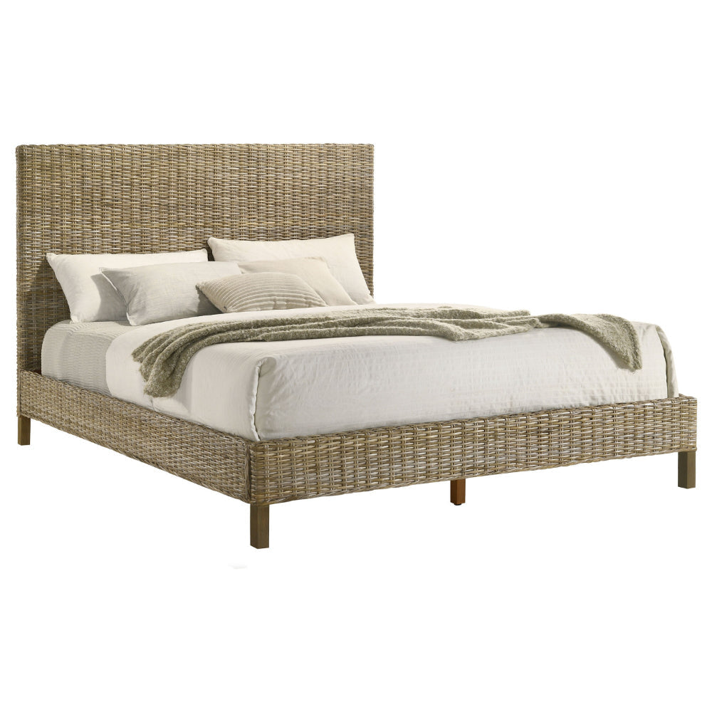 Ayla Queen Size Bed Rattan Woven Design Panel Headboard Gray Mahogany By Casagear Home BM318826