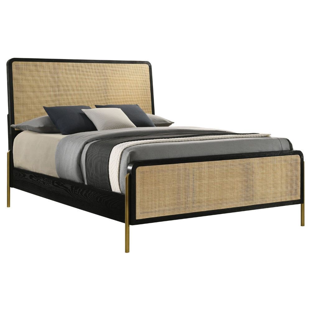 Fij Queen Size Bed Natural Rattan Woven Panel Headboard Gold Legs Black By Casagear Home BM318829