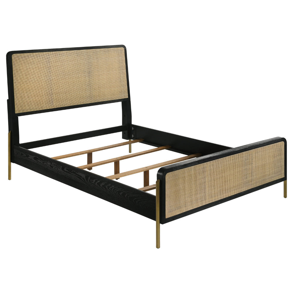 Fij Queen Size Bed, Natural Rattan Woven Panel Headboard, Gold Legs, Black By Casagear Home