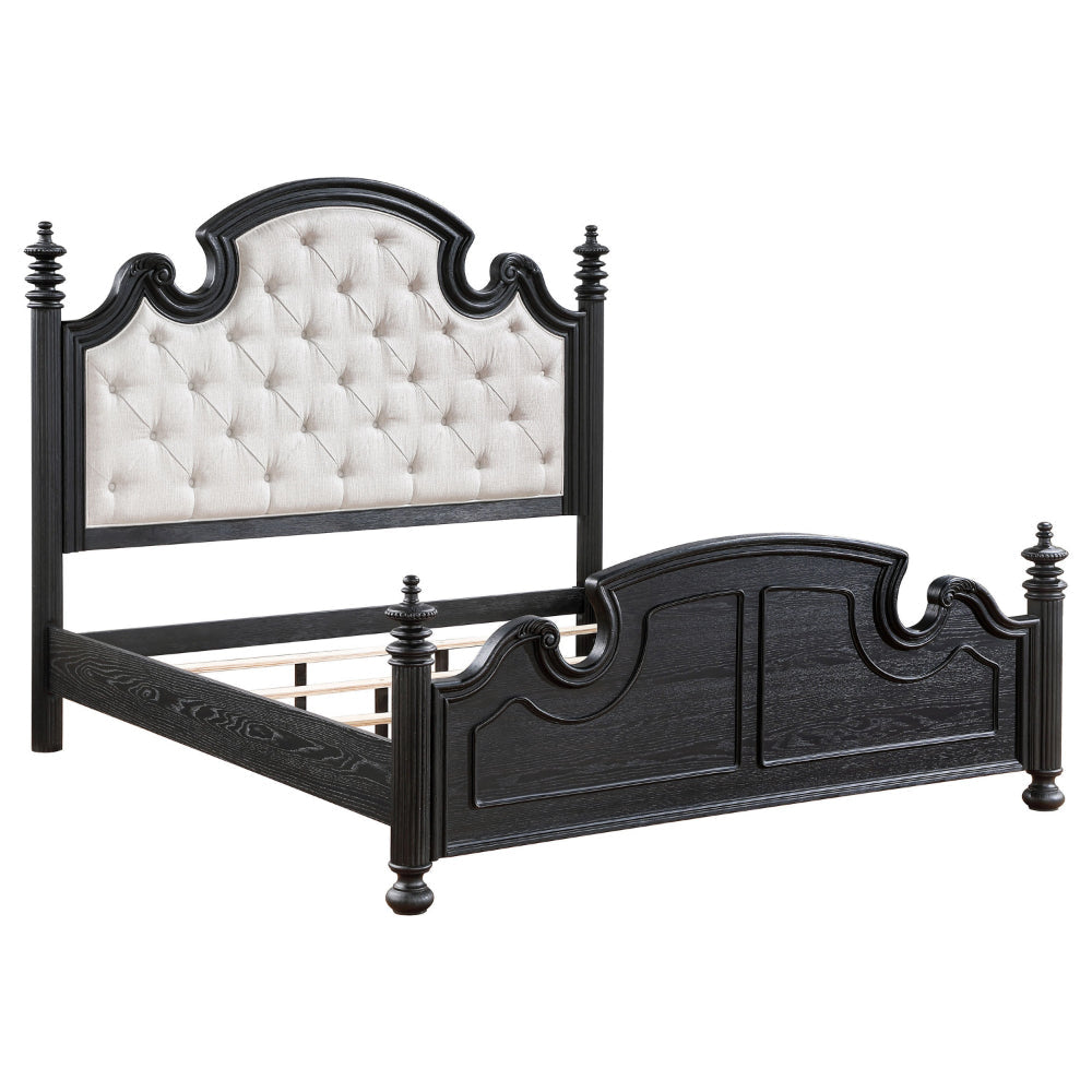 Selena Queen Size Poster Bed, Classical White Tufted Upholstery, Black By Casagear Home