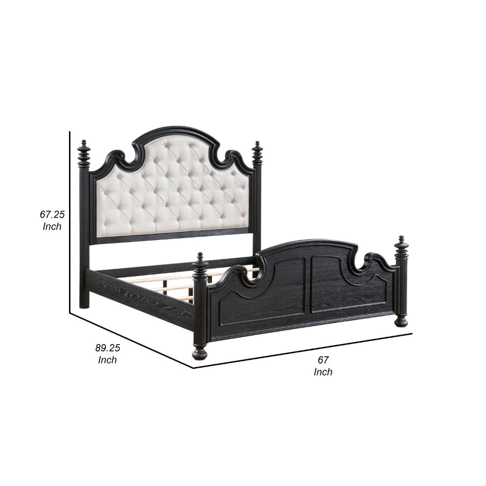 Selena Queen Size Poster Bed Classical White Tufted Upholstery Black By Casagear Home BM318841