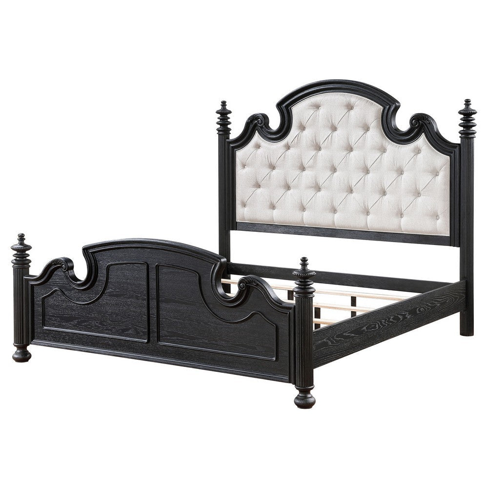 Selena King Size Poster Bed Classical White Tufted Upholstery Black By Casagear Home BM318842