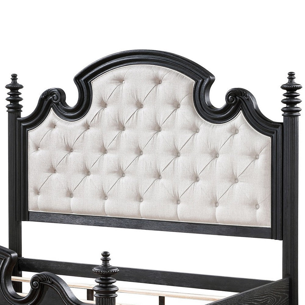 Selena King Size Poster Bed Classical White Tufted Upholstery Black By Casagear Home BM318842