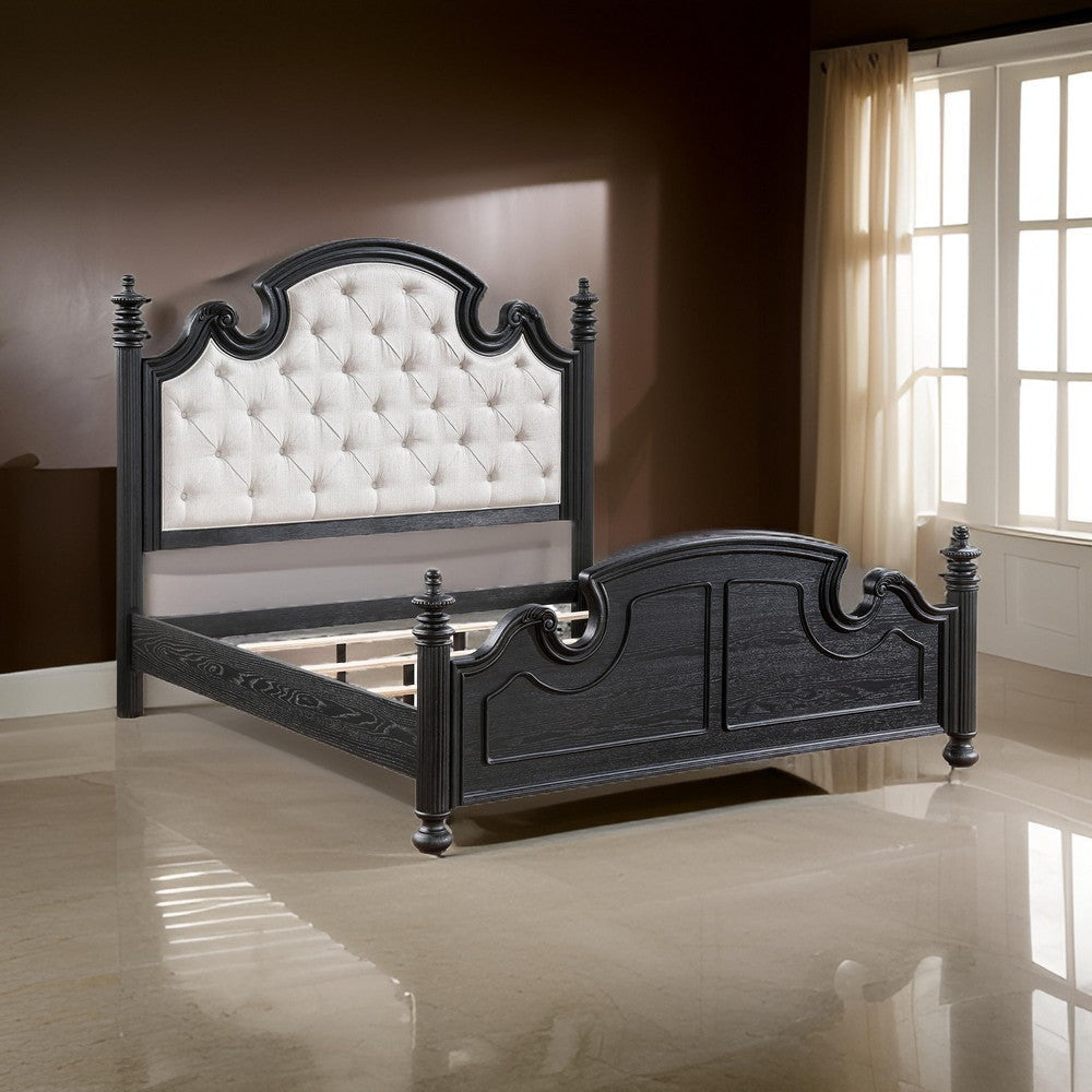 Selena King Size Poster Bed Classical White Tufted Upholstery Black By Casagear Home BM318842