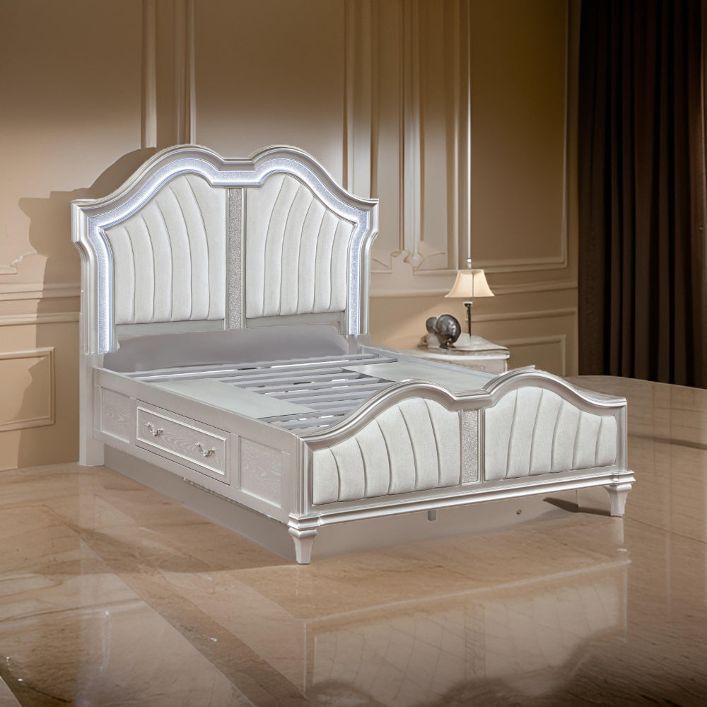 Nive Queen Bed LED Arch Ivory Upholstery Storage Drawers Silver By Casagear Home BM318845