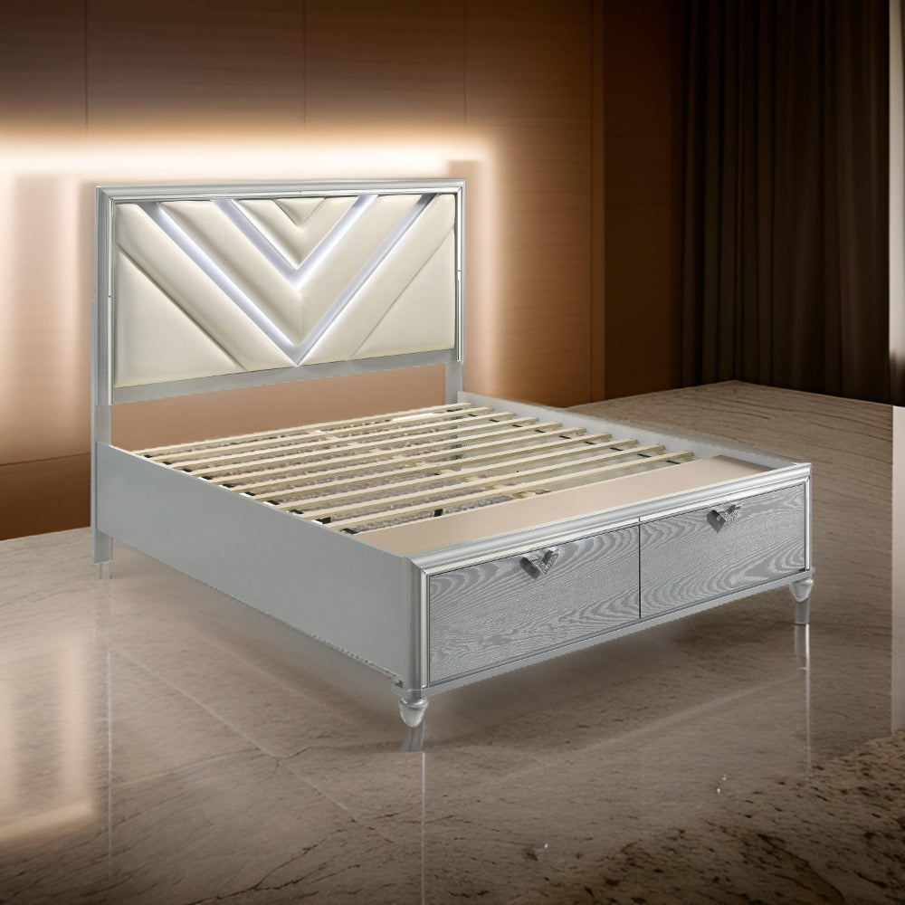 Haley Queen Size Bed V Tufted Upholstery 2 Storage Drawers LED Silver By Casagear Home BM318848