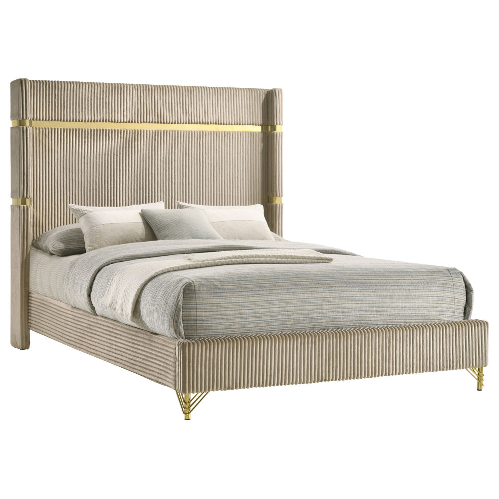 Jenny Queen Size Bed Fluted Wingback Headboard Beige Upholstery Gold Trim By Casagear Home BM318852